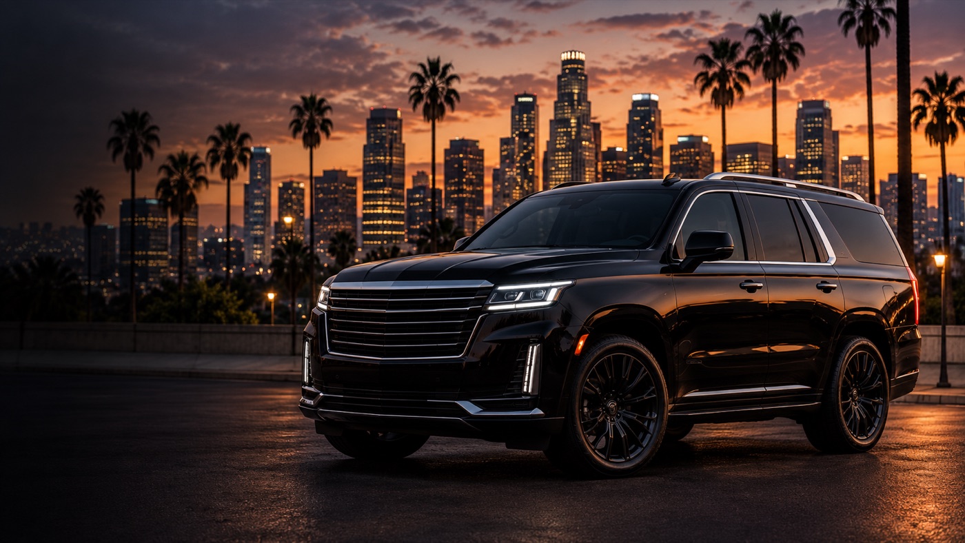 Black luxury SUV in front of the Los Angeles skyline at dusk